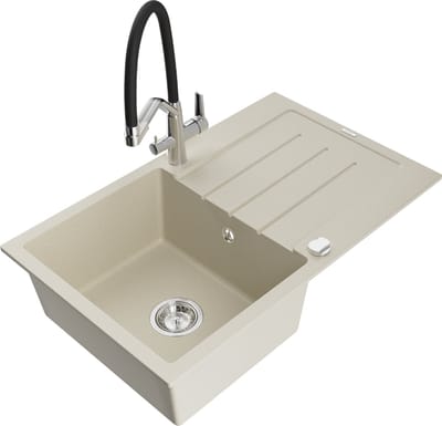 Mexen Bruno granieten gootsteen met 1 compartiment en afdruiprek en keukenmengkraan Duo, beige - 6513-69-671701-07