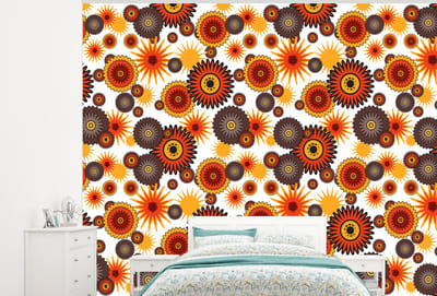 Behang - Fotobehang Design - Retro - Oranje - Bloemen - Breedte 300 cm x hoogte 240 cm