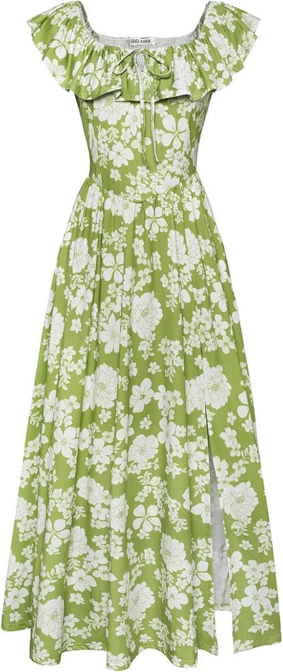 Bloemen Zomer V-hals Ruche Mouw Empire Taille A-lijn Casual Maxi Jurk met Zakken