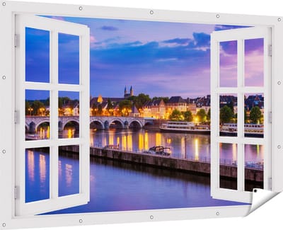 Gards Tuinposter Doorkijk Maastricht Maas Rivier bij de Sint Servaasbrug - 180x120 cm - Tuindoek - Tuindecoratie - Wanddecoratie buiten - Tuinschilderij