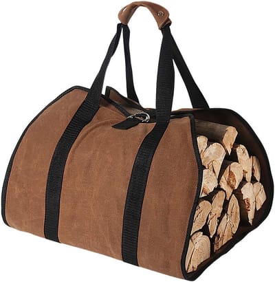 REWYTAZ-houtmand haardhout - Canvas en houtdraagtas - Houten draagtas met handvat - Draagriemen voor kamperen en reizen - Cadeau voor mannen - Bruin - 48x64cm