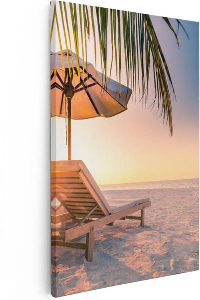 Artaza Canvas Schilderij Strand Zee - 40x60 cm - Wanddecoratie Zonsondergang - Muurdecoratie Palmboom - Schilderijen Op Canvas Kust