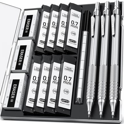 PromoHome 0,7 mm mechanische potloodset met opbergetui - Volledig metalen vulpotloden met 480 HB vullingen, gummetjes en accessoires voor tekenen, schrijven en technisch werk - Zilverkleurig