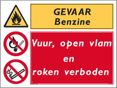 Benzine – vuur/open vlam/roken verboden (combi) - Aluminium - 30 x 40 cm