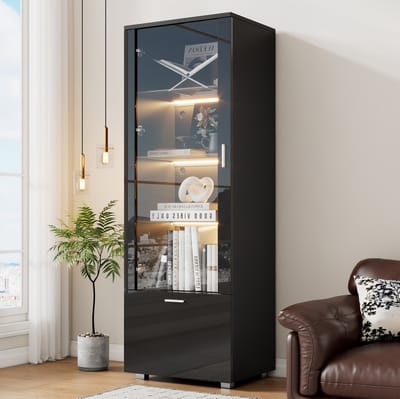 MEUNIQ vitrinekast 50 x 40 x 160 cm met acryl deur, 3 glazen planken, LED-verlichting, 1 lade en gesloten opbergruimte, hoogglans zwart voor woonkamer of werkkamer