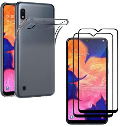 Hoesje Ultraslank geschikt voor Galaxy a10 backcover siliconen Transparant en 2 stuks ScreenProtector Gehard Glas met zwarte randen