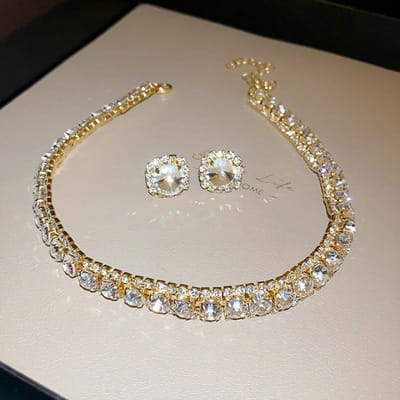 3 pièces bijoux de mariage, boucles d'oreilles en strass pour femmes, ensemble de bijoux collier, accessoires de banquet et de fête luxueux et à la mode 45cm beige
