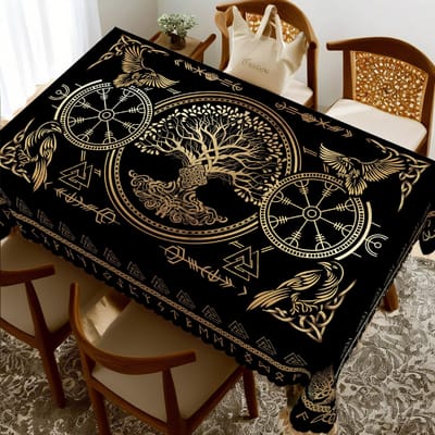 Gouden Viking Kraai Rechthoekige Tafelkleed Feestdecoratie Levensboom Noorse Runen Symbolen Tafelkleden voor Keukentafel Decoratie 90x140cm brown