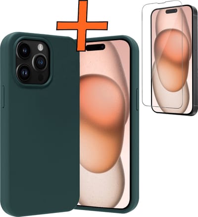 Hoes - Met Screenprotector - Geschikt voor Apple iPhone 15 Pro - Sterk & Shockproof - Back Cover - Siliconen Case - Telefoon Hoes - Donkergroen