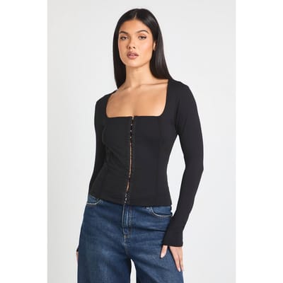 boohoo Dames Cotton Touch Haak- en Oogsluiting Lange Mouw Korsettop | Black | Maat: 6