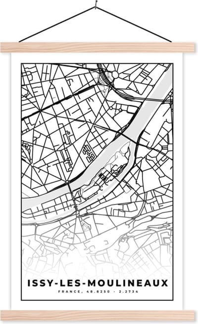Posterhanger incl. Poster 40x60 cm - Schoolplaat - Kaart - Stadskaart - Frankrijk - Plattegrond - Issy-les-Moulineaux - Zwart wit - Textielposter - Blanke latten - Stadskaart