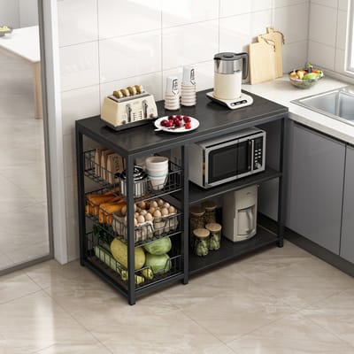 Velox Goods VL‑524 Keukeneiland – Staand Keukenrek met 3 Stevige Planken & Werkblad – Magnetronkast – Organizer voor Groente, Fruit & Keukenapparaten – Zwart – Metaal & Houtlook
