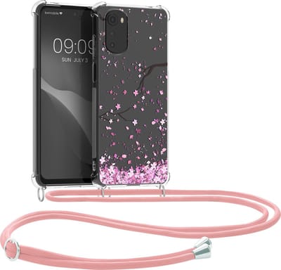 kwmobile telefoonhoesje geschikt voor Motorola Moto E32 / Moto E32s - Hoesje met telefoonkoord - Back cover voor smartphone - Case in poederroze / donkerbruin / transparant