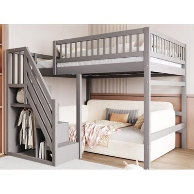 ModernLuxe Mezzanine bed 140x200cm - met trap met opbergruimte - massief hout + multiplex + MDF - Grijs