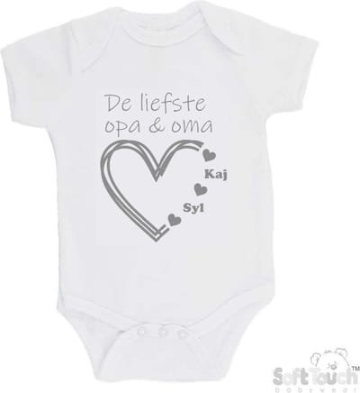100% katoenen Romper "De liefste opa & oma met de namen van 2 kleinkinderen" Unisex Katoen Wit/grijs Maat 56/62