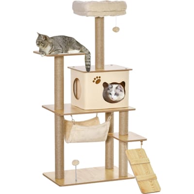 PawHut kattenboom, 130 cm hoog, kattenspeeltoren, platformen, hol, bed, hangmat, ladder en 2 pluche ballen, jute krabpalen, meerdere niveaus, geel