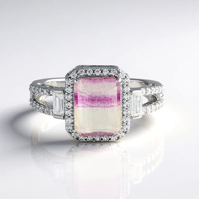 Cavill - Zilveren Ring 925 Sterling met 3,298 ct Meerkleurige Fluoriet - Platina Plating - Achthoekige Braziliaanse Edelsteen - Elegant & Luxe