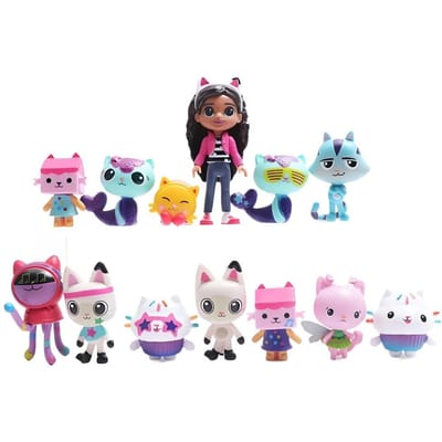 13 stuks Gabby Poppenhuis Anime Model Speelgoed Lachende Auto Kat Knuffel Gaby Meisje Poppen Mercat Cartoon Actiefiguur Kinderen Kerst Verjaardag Cadeaus white