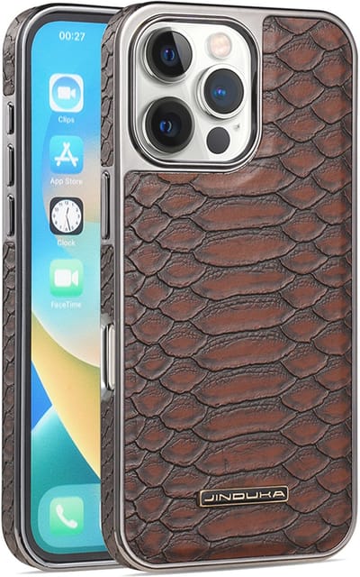 Stravo × JINDUKA Luxe Slangenleren Hoes voor iPhone 16 Pro Max | DonkerbruinSchokabsorberend · Antislip · Vingerafdrukvrij