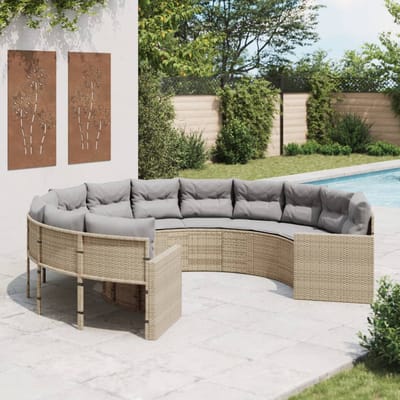 vidaXL - Tuinbank - met - kussens - rond - poly - rattan - beige