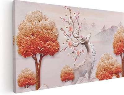 Artaza Canvas Schilderij Hert - 40x20 cm - Klein - Wanddecoratie Bloemen - Muurdecoratie Gewei - Decoratie Herfstbomen