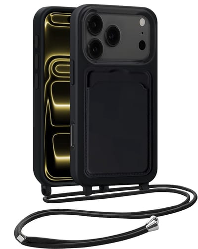 Hoesje Geschikt voor iPhone 17 Pro Max Telefoonhoesje Met Koord Case Pashouder Siliconen - Hoes Geschikt voor iPhone 17 Pro Max Hoesje Met Kaarthouder - Zwart
