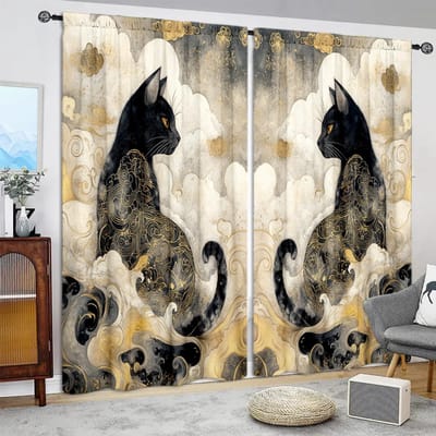 2 stuks Moire Kat Bedrukte Gordijn voor Huisdecoratie - Tunnel voor Roede Raambekleding voor Slaapkamer, Kantoor, Keuken, Woonkamer en Studiekamer 52.5cmX116cm X 2pcs black