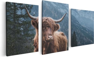 Artaza Canvas Schilderij Drieluik Schotse Hooglander Koe In De Bergen - 120x60 - Foto Op Canvas - Canvas Print