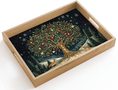 Dienblad hout 40x30 cm - Schootdienblad - Feestboom - Winterhemel - Kleurrijk - Borrelplank rechthoek - Plateau dienbladen