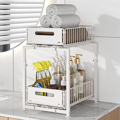 Famanu - Onder gootsteen organizer 2 Tier in hoogte verstelbare kast opslag metalen keuken organizer glijdende mand opslag voor badkamer multifunctionele organisatoren voor kast