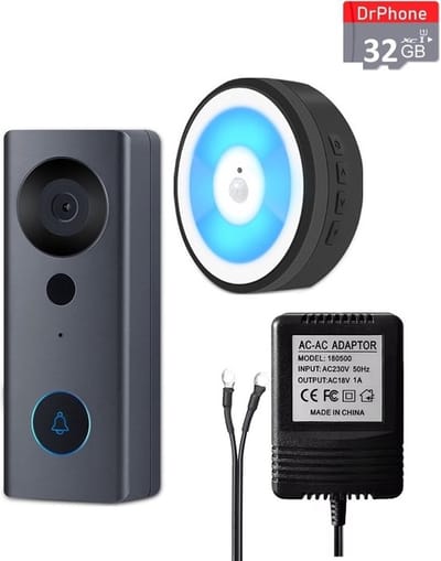 DrPhone LM6-B – Camera Deurbel Met Binnen Bel + MicroSD-Kaart (32GB) Bekabeld - Smartcam Camera Deurbel Met Alexa & Google Assistant – Camera Deurbel Met Mobiele App – Zwart