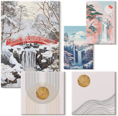 Wallfluent Set van canvas schilderijen - Landschappen met watervallen en Japanse bruggen Canvas Schilderijen Set - Set van 5 Canvas Schilderijen - Beige Set van Canvas Prints - Landschappen Canvas Kunst Set - Boheemse Canvas Kunst Set