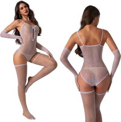 Elana Silvara – Transparante Body Set met Kousen en Handschoenen - Erotische Lingerieset voor dames - Wit