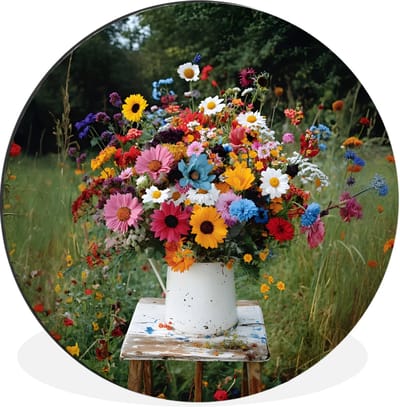 WallCircle - Wandcirkel - Muurcirkel - Bloemen - Krukje - Gieter - Veld - Aluminium - Dibond - 30x30 cm - Binnen en Buiten