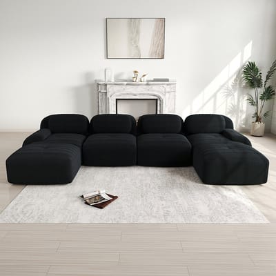 BLACKCOLORS Modulaire U-bank zonder montage, ademende corduroy, zeer elastische 32D-vulling, extra brede armleuningen, geschikt voor huisdieren en ergonomisch voor de woonkamer en slaapkamer, zwart
