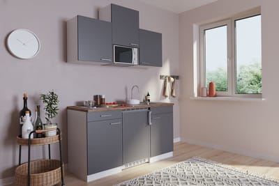 Goedkope keuken 150  cm - complete kleine keuken met apparatuur Luis - Wit/Grijs - elektrische kookplaat  - koelkast        - magnetron - mini keuken - compacte keuken - keukenblok met apparatuur