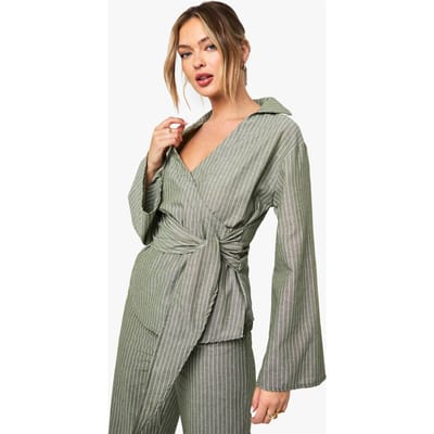 boohoo Dames Gestreepte wrap tie blouse | Olive | Maat: 6