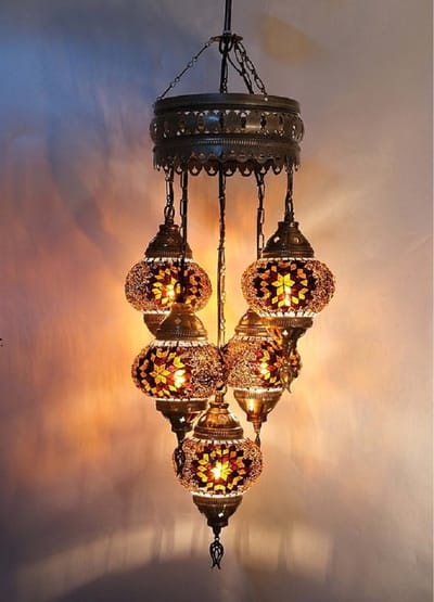 Turkse hanglamp mozaïek glas bruin - 5 bollen - hoogte 110 cm - handgemaakt en uniek
