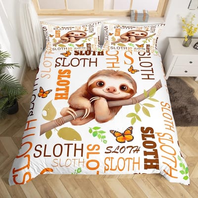 Schattige Luiaard Dekbedovertrek Waterverf Bloemen Beddengoed Set Lief Jungle Dier Dekbedovertrek Twin King Kawaii Luiaard Bedsprei Overtrek AU Queen(210*210cm)3pcs