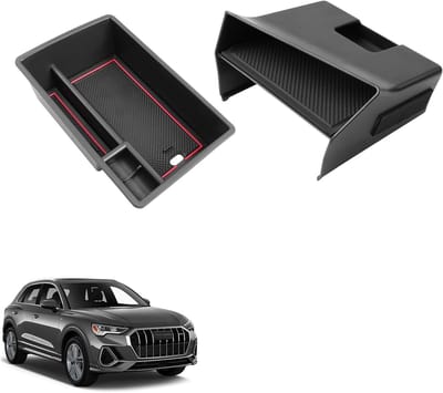 Dailygoods - Opbergbox voor middenconsole, compatibel met Audi Q3 F3 2019-2024, Audi Q3 middenconsole, organizer met antislipmat, zwart, Audi Q3, armleuning, organizer met antislipmat, rood