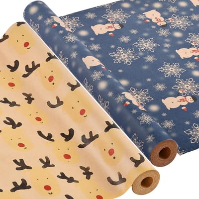 2 Rollen Kerst Inpakpapier, 43cm x 15m Recyclebaar Kraftpapier voor Cadeaus, Feestdecoraties en Verjaardagen (Blauw)