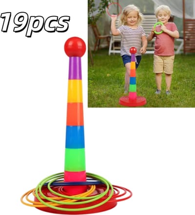 19-delige ringwerpset voor kinderen - Felgekleurd - Kegelvormig werpspeelgoed - Buitenring - 17*17*35 cm - Geschikt voor buitenspelen in de tuin - Rood, blauw, groen, oranje
