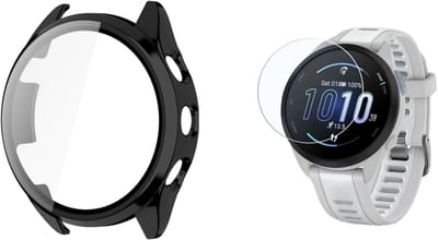 Strap-it Hard Case (Zwart) + Screenprotector (Glas) - Geschikt voor Garmin Forerunner 165 - Schokbestendige beschermhoes - Krasbestendige schermbeschermer - Duurzame bescherming tegen stoten & krassen