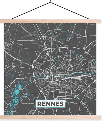 Posterhanger incl. Poster 40x40 cm - Schoolplaat - Rennes - Frankrijk - Plattegrond - Stadskaart - Kaart - Textielposter - Blanke latten - Stadskaart