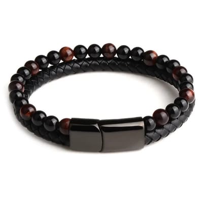 Soraro Agaat Kralen Armband | Edelstaal | Magneet Sluiting | Heren | leer en kralen | Zwart 21cm | Soraro Armbanden | Cadeau voor hem