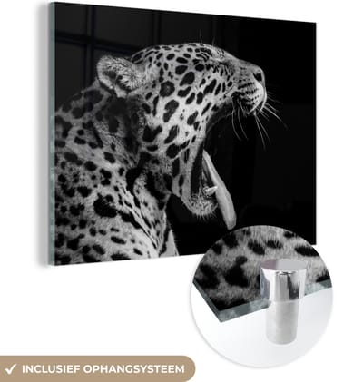 MuchoWow® Glasschilderij 160x120 cm - Schilderij acrylglas - Jaguar - Dier - Zwart - Wit - Foto op glas - Schilderijen