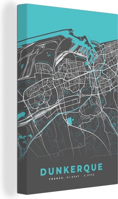 Canvas Schilderij Frankrijk - Kaart - Dukerque - Stadskaart - Plattegrond - 20x30 cm - Wanddecoratie