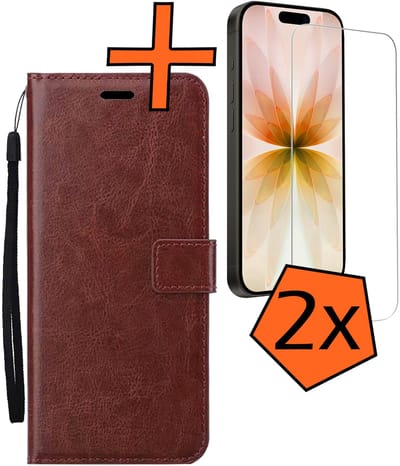 Hoes - Met 2x Screenprotector - Geschikt voor Apple iPhone 17 - Luxe Pasjeshouder - Bookcase Portemonee - Flip Case - Kunstleer Book Case - Flipcase Hoes - Book Cover - Walletcase - PortemonneeHoes - Bruin