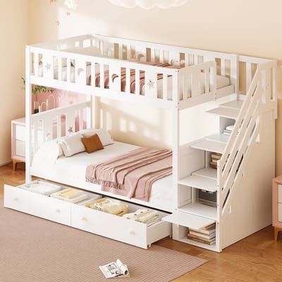 DESMIU Stapelbed 90x200 cm – Met Veiligheidsladder En Opbergruimte – Twee Laden En Lattenbodems – Voor Kinderkamer – Massief Hout – Wit – Zonder Matras