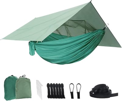 Hangmat Met Tarp - Kampeerhangmat Buiten - Ontspannen In Natuur - Scheurbestendig Net - 260x140 Cm - Groen